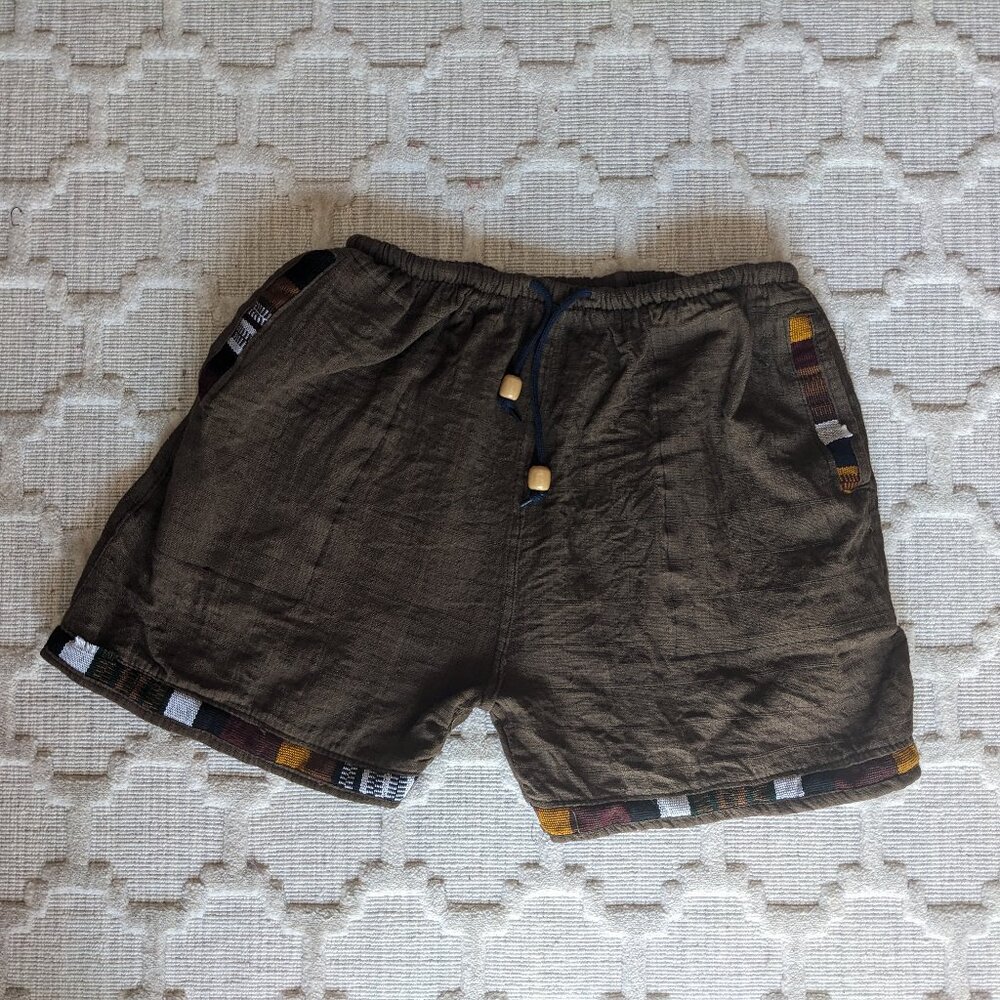 Nepal Gheri 100% Handwoven Cotton Drawstring Shorts with Pockets and Embroidery